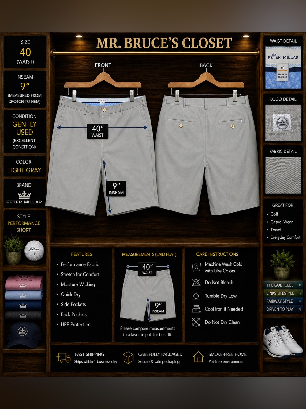 Peter Millar Light Gray Flat Front Performance Shorts - Men's